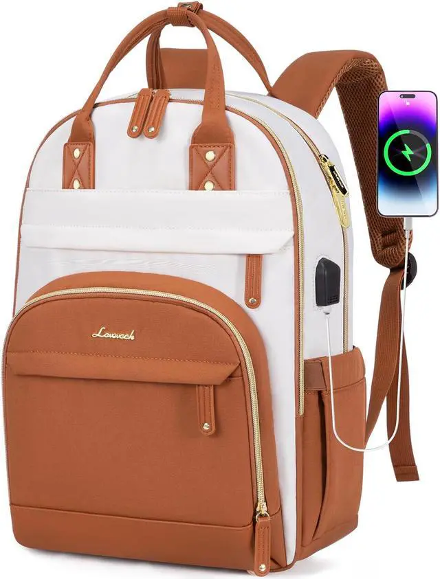 Main image of LOVEVOOK Laptop Backpack for Women, 15.6 Inch Travel Anti-theft Laptop Bag, Fashion College Work Business Backpacks Purse, Warterproof Teacher Nurse Computer Professional Daypack, Beige - brown