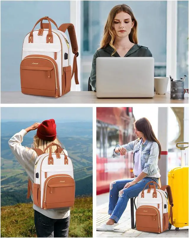 Alt view image 2 of 5 - LOVEVOOK Laptop Backpack for Women, 15.6 Inch Travel Anti-theft Laptop Bag, Fashion College Work Business Backpacks Purse, Warterproof Teacher Nurse Computer Professional Daypack, Beige - brown