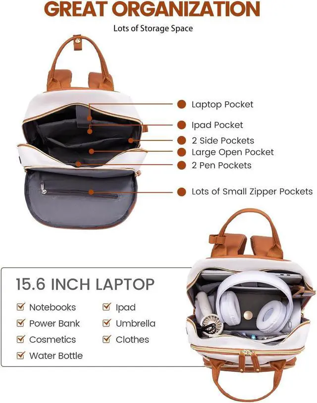 Alt view image 3 of 5 - LOVEVOOK Laptop Backpack for Women, 15.6 Inch Travel Anti-theft Laptop Bag, Fashion College Work Business Backpacks Purse, Warterproof Teacher Nurse Computer Professional Daypack, Beige - brown