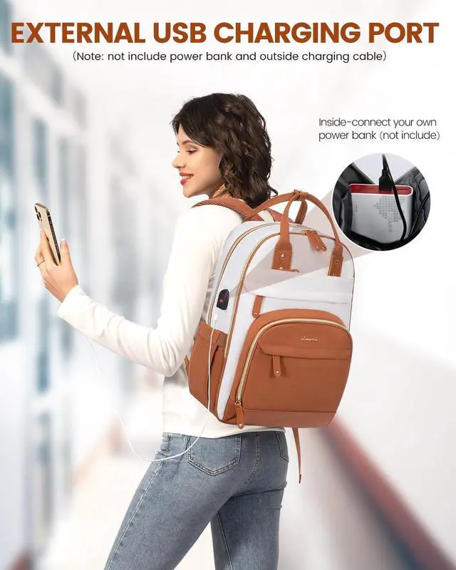 Alt view image 5 of 5 - LOVEVOOK Laptop Backpack for Women, 15.6 Inch Travel Anti-theft Laptop Bag, Fashion College Work Business Backpacks Purse, Warterproof Teacher Nurse Computer Professional Daypack, Beige - brown