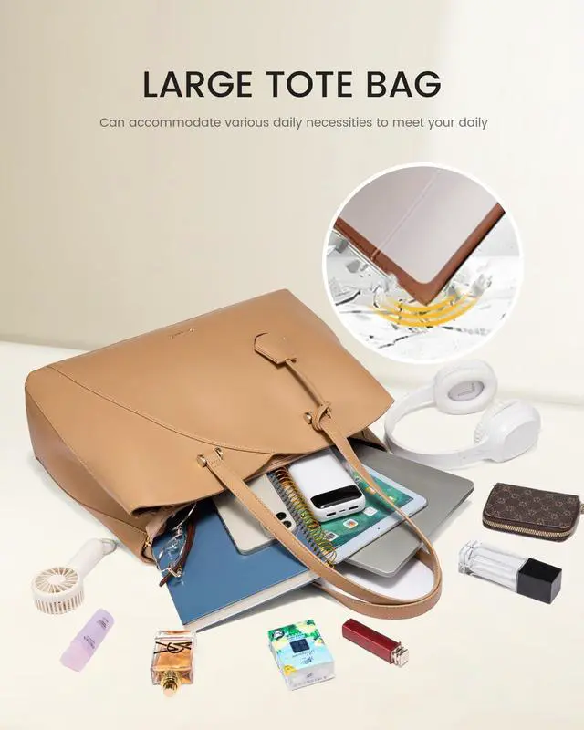 Alt view image 3 of 5 - LOVEVOOK Work Laptop Tote Bag for Women, Leather Laptop Bag Teacher Tote Bag, Professional Computer Bag Large Purses Handbag, Beige, Fits 15.6 Inch Laptop