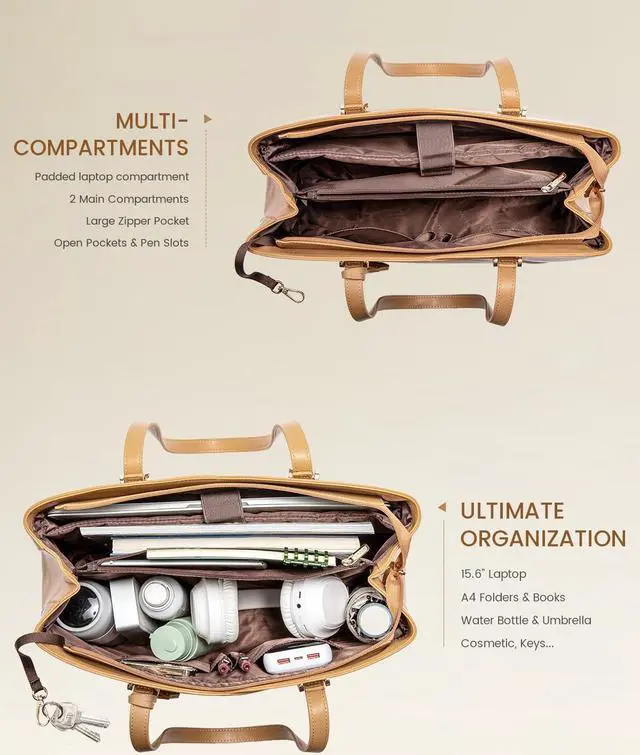 Alt view image 4 of 5 - LOVEVOOK Work Laptop Tote Bag for Women, Leather Laptop Bag Teacher Tote Bag, Professional Computer Bag Large Purses Handbag, Beige, Fits 15.6 Inch Laptop