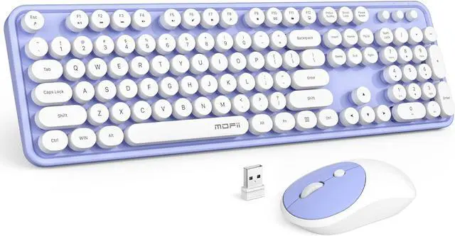 Main image of Wireless Keyboard and Mouse Combo, MOWUX Full Size Typewriter Retro Round Computer Keyboard, Mouse Wireless, Plug and Play, for Laptop, PC, Computer- Purple