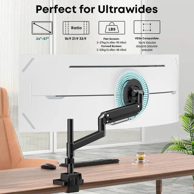 Alt view image 2 of 5 - Single Monitor-Arm Heavy Duty for 24-57-inch - Ultrawide Aluminum Single Pole Monitor Mount,Fully Adjustable, Ideal for Gaming, Office & Home Use, Max Load 59.4lbs, VESA 75/100/200 mm, Black