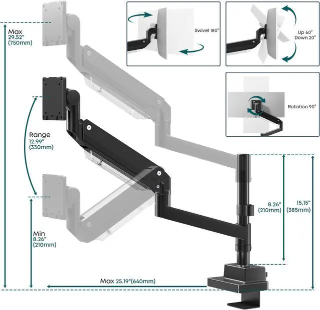 Alt view image 5 of 5 - Single Monitor-Arm Heavy Duty for 24-57-inch - Ultrawide Aluminum Single Pole Monitor Mount,Fully Adjustable, Ideal for Gaming, Office & Home Use, Max Load 59.4lbs, VESA 75/100/200 mm, Black