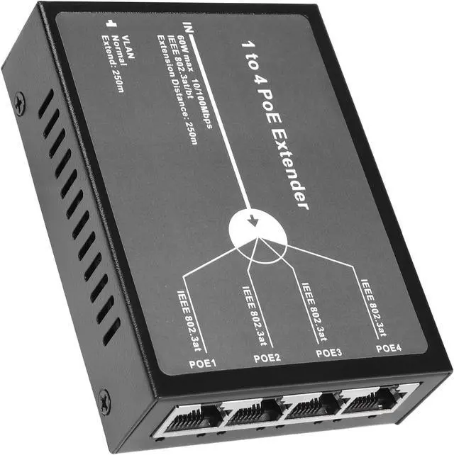 Main image of REVODATA 4 Port 60W PoE Extender Metal, 3 Mode Available,1 in 4 Out PoE+ Repeater, 802.3af 30W PoE Output, 60W 802.3BT Input, 100m/250m PoE Extension for PoE Device, Plug and Play (POE5004-V2)