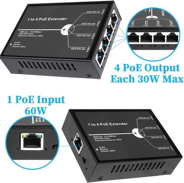 Alt view image 2 of 5 - REVODATA 4 Port 60W PoE Extender Metal, 3 Mode Available,1 in 4 Out PoE+ Repeater, 802.3af 30W PoE Output, 60W 802.3BT Input, 100m/250m PoE Extension for PoE Device, Plug and Play (POE5004-V2)