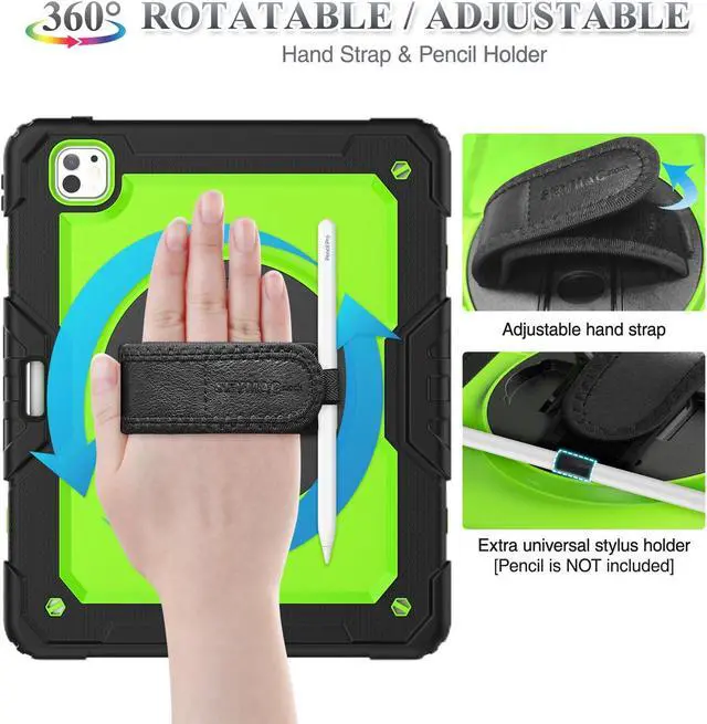 Alt view image 3 of 5 - SEYMAC stock Case for iPad Pro 13 inch M4 Case 2024, Shockproof Protective Case with Pencil Holder Screen Protector, 360 Rotate Stand Case with Adjustable Hand Strap/Shoulder Strap, Green