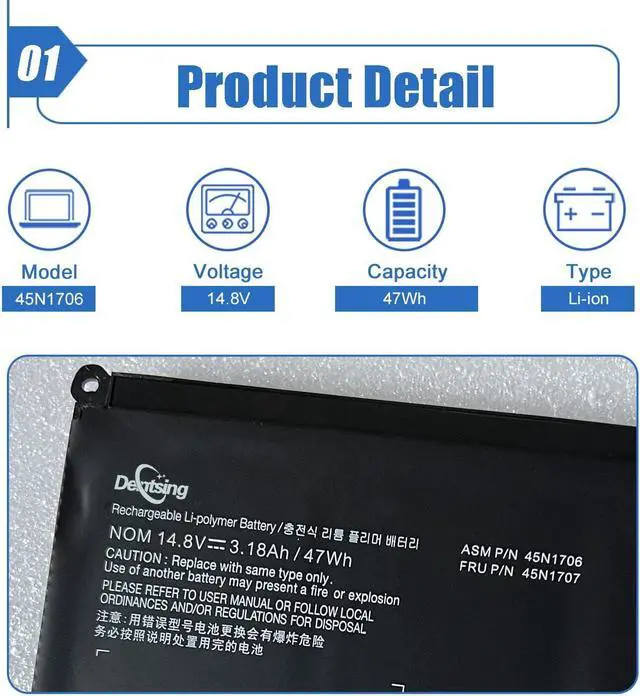 Alt view image 2 of 5 - Dentsing 45N1706 Laptop Battery Compatible with Lenovo ThinkPad S1 Yoga 12 12.5" inch 45N1704 45N1707 Series Notebook 45N1705 14.8V 47Wh 3060mAh
