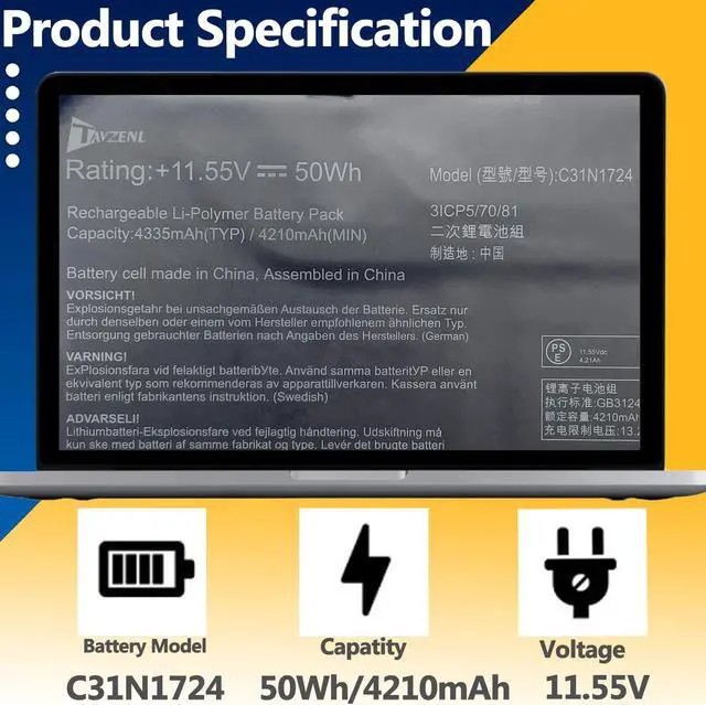 Alt view image 2 of 5 - TAVZENL C31N1724 50Wh Battery Replacement for Asus ZenBook 13 U3100FAL UX331FA UX331FAL UX331U UX331UA UX331UAL UX331UN Series 11.55V 4335mAh