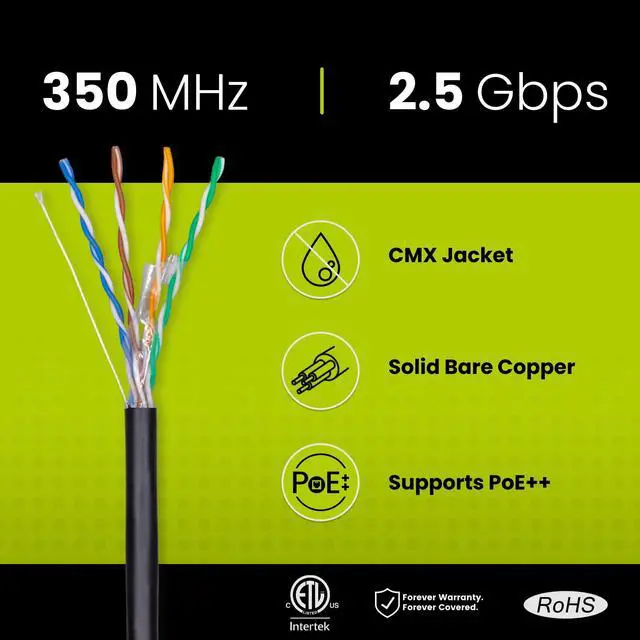 Alt view image 2 of 5 - trueCABLE Cat5e Outdoor, Unshielded UTP, 1000ft, UV Resistant, CMX Rated, Black, 24AWG Solid Bare Copper, 350MHz, PoE++ (4PPoE), ETL Listed, Bulk Ethernet Cable