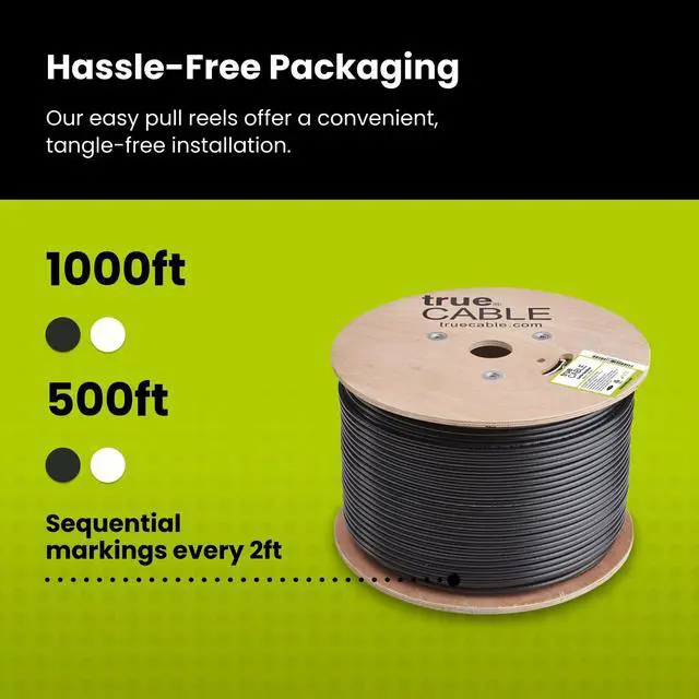 Alt view image 5 of 5 - trueCABLE Cat5e Outdoor, Unshielded UTP, 1000ft, UV Resistant, CMX Rated, Black, 24AWG Solid Bare Copper, 350MHz, PoE++ (4PPoE), ETL Listed, Bulk Ethernet Cable