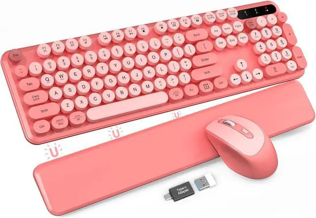 Main image of Wireless Keyboard and Mouse - Cute Typewriter Keyboard with Detachable Wrist Rest, Retro Round Keycaps, Foldable Legs, 2.4GHz Full-Size Keyboard Combo for PC, Laptop, Windows - Trueque (Colorful-Pink)