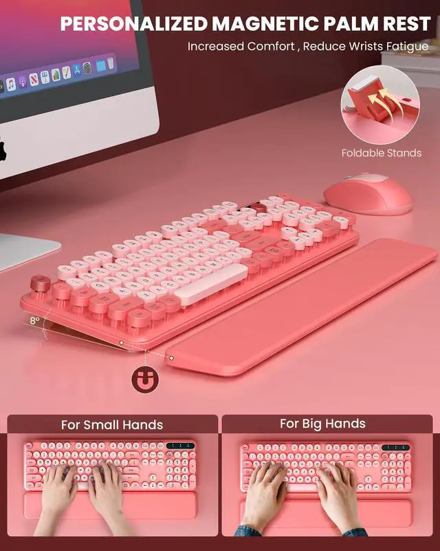 Alt view image 3 of 5 - Wireless Keyboard and Mouse - Cute Typewriter Keyboard with Detachable Wrist Rest, Retro Round Keycaps, Foldable Legs, 2.4GHz Full-Size Keyboard Combo for PC, Laptop, Windows - Trueque (Colorful-Pink)