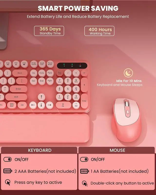Alt view image 5 of 5 - Wireless Keyboard and Mouse - Cute Typewriter Keyboard with Detachable Wrist Rest, Retro Round Keycaps, Foldable Legs, 2.4GHz Full-Size Keyboard Combo for PC, Laptop, Windows - Trueque (Colorful-Pink)