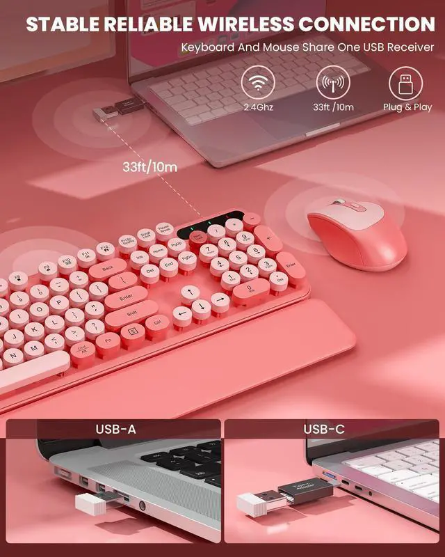 Alt view image 4 of 5 - Wireless Keyboard and Mouse - Cute Typewriter Keyboard with Detachable Wrist Rest, Retro Round Keycaps, Foldable Legs, 2.4GHz Full-Size Keyboard Combo for PC, Laptop, Windows - Trueque (Colorful-Pink)
