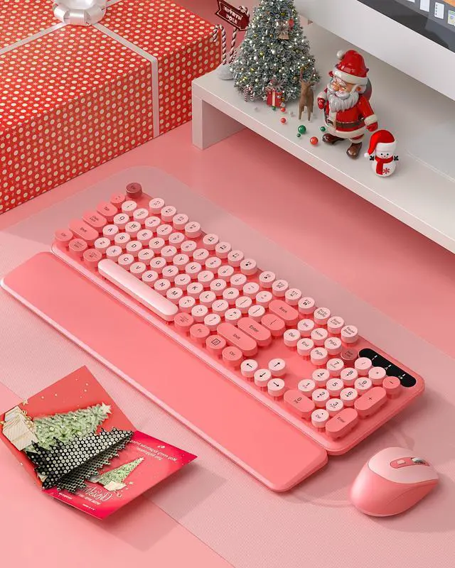 Alt view image 2 of 5 - Wireless Keyboard and Mouse - Cute Typewriter Keyboard with Detachable Wrist Rest, Retro Round Keycaps, Foldable Legs, 2.4GHz Full-Size Keyboard Combo for PC, Laptop, Windows - Trueque (Colorful-Pink)
