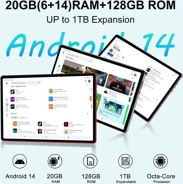 Alt view image 3 of 5 - UJJ Android 14 Tablet, 128GB+20GB/1TB Expandable, 10.1 Inch Tablets with WiFi 6, Octa-Core, Bluetooth 5.0, Dual 5MP+8MP Camera, Android Tablet with Keyboard Mouse - Sliver