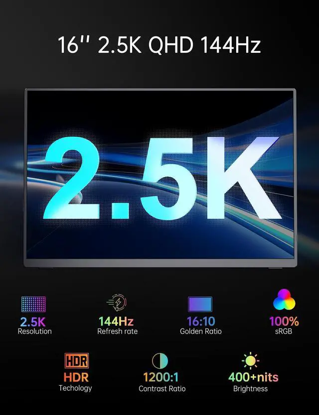 Alt view image 2 of 5 - VOKENSU Portable Monitor 2K 144Hz, 16" 2560x1600 QHD Portable Gaming Monitor HDR FreeSync, Ultra Slim Travel Monitor w/Kickstand & Speaker, External Screen for Laptop Switch Xbox PS5/4