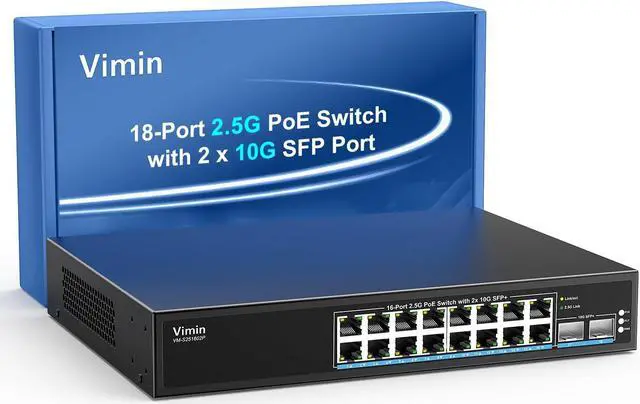 Main image of 16 Port 2.5G PoE Switch Unmanaged with 2X 10Gbps SFP, VIMIN 16x 2.5G Base-T PoE Ports, 10G SFP PoE Switch w/ 120Gbps Ethernet Switching Capacity, IEEE802.3af/at, 250W, VLAN, Metal Housing, Fanless