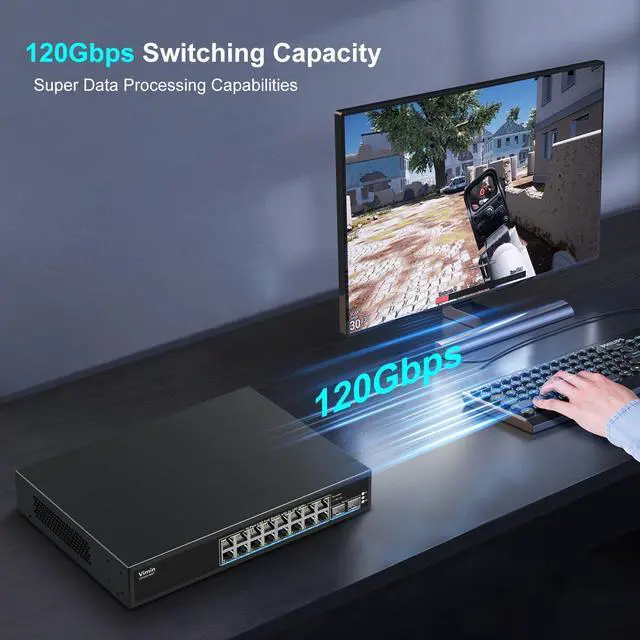Alt view image 2 of 5 - 16 Port 2.5G PoE Switch Unmanaged with 2X 10Gbps SFP, VIMIN 16x 2.5G Base-T PoE Ports, 10G SFP PoE Switch w/ 120Gbps Ethernet Switching Capacity, IEEE802.3af/at, 250W, VLAN, Metal Housing, Fanless
