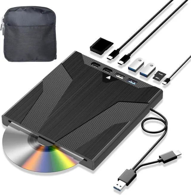 Main image of Wbacon 8 in 1 External CD/DVD Drive for Laptop, Slot-Loading External DVD Drive, CD Burner External CD Drive for Laptop USB-A USB-C, Portable CD/DVD Writer for Laptop & Desktop(+Carrying Case)