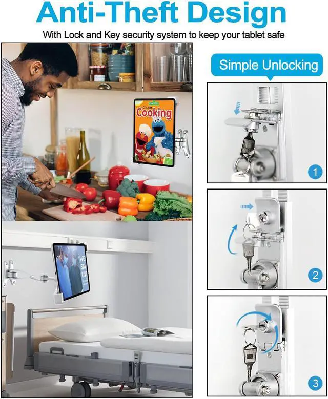 Alt view image 3 of 5 - woleyi Anti-Theft Tablet Wall Mount Holder for 7-11" Tablets, Heavy Duty 360deg Swivel Tablet Holder Stand with Security Lock and Key, Compatible with iPad Pro 9.7/10.5/11, Air, Mini, Galaxy Tabs