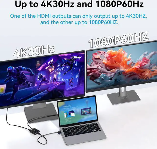 Alt view image 4 of 5 - XPTSFDU USB 3.0 or USB C to Dual HDMI Splitter Extended Display 4K30Hz 1080P60Hz USB to HDMI Splitter for Dual Monitors for Windows MACOS(MACOS Supports MST and SST Modes)