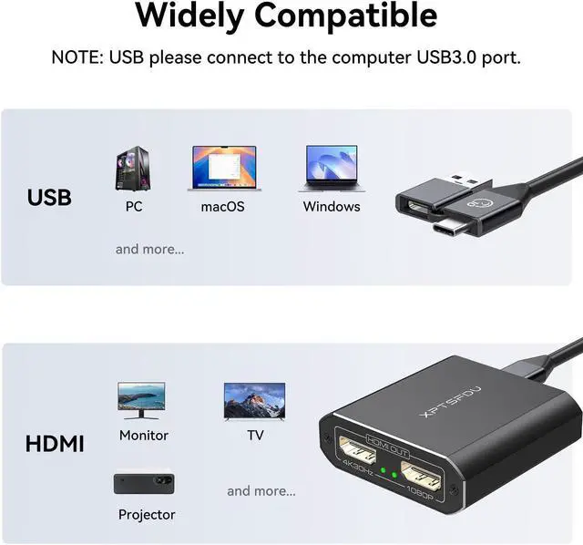 Alt view image 5 of 5 - XPTSFDU USB 3.0 or USB C to Dual HDMI Splitter Extended Display 4K30Hz 1080P60Hz USB to HDMI Splitter for Dual Monitors for Windows MACOS(MACOS Supports MST and SST Modes)