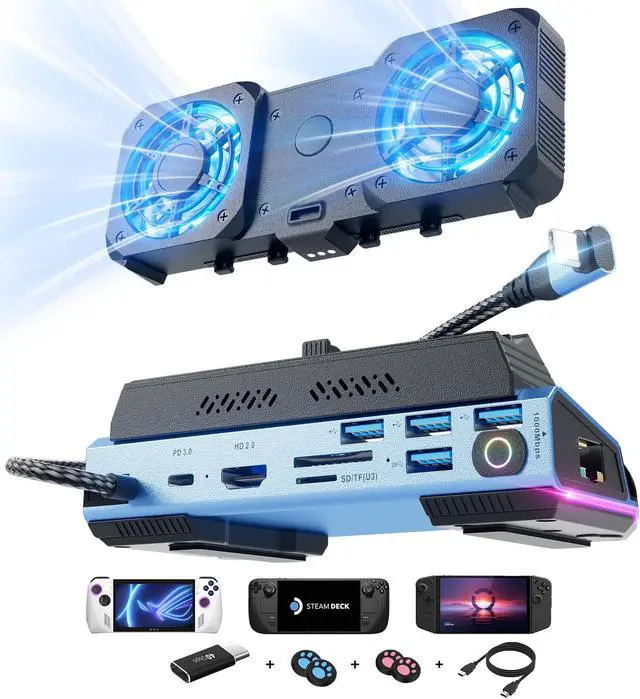 Main image of Steam Deck OLED&ROG Ally X&Legion GO - 13-in-1 Docking Station Dismantling Dual Cool Fans Steam, 4K@60Hz, 4 USB Ports, 100W PD Charging, Gigabit Ethernet Fit for Steam Deck