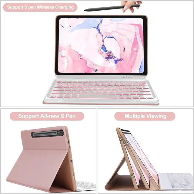 Alt view image 3 of 5 - for Samsung Galaxy Tab S8+/S7 FE/S7 Plus Keyboard Case 12.4 inch -Detachable Bluetooth Backlit Keyboard, Slim Multi-Angle Cover with S Pen Holder for Tab S8+ 2022/S7 FE 2021/S7 Plus 2020, Sakura Pink
