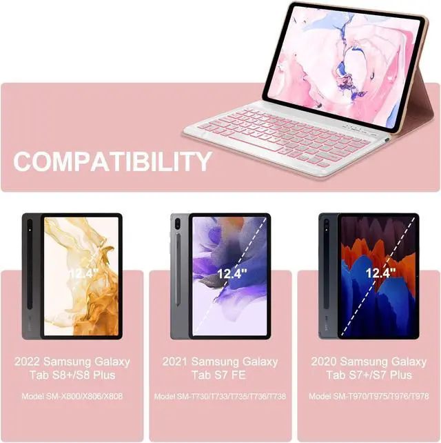 Alt view image 5 of 5 - for Samsung Galaxy Tab S8+/S7 FE/S7 Plus Keyboard Case 12.4 inch -Detachable Bluetooth Backlit Keyboard, Slim Multi-Angle Cover with S Pen Holder for Tab S8+ 2022/S7 FE 2021/S7 Plus 2020, Sakura Pink