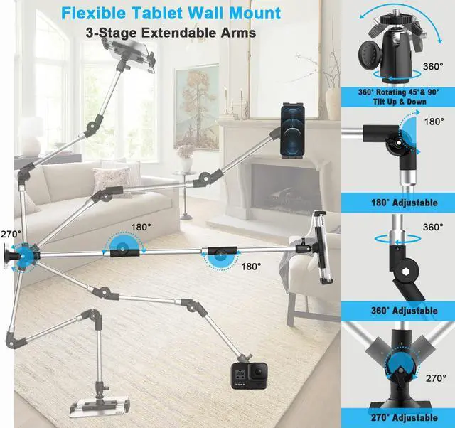 Alt view image 3 of 5 - YOOZ Metal Long Arm Tablet Wall Mount Holder [Aluminum Arm 37"] Adjustable Wall Tablet Stand with Foldable Arm for iPad Pro Air Mini, Galaxy Tab, Surface, Switch, Fire, iPhone, 4-12.9"