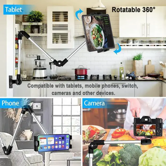 Alt view image 4 of 5 - YOOZ Metal Long Arm Tablet Wall Mount Holder [Aluminum Arm 37"] Adjustable Wall Tablet Stand with Foldable Arm for iPad Pro Air Mini, Galaxy Tab, Surface, Switch, Fire, iPhone, 4-12.9"