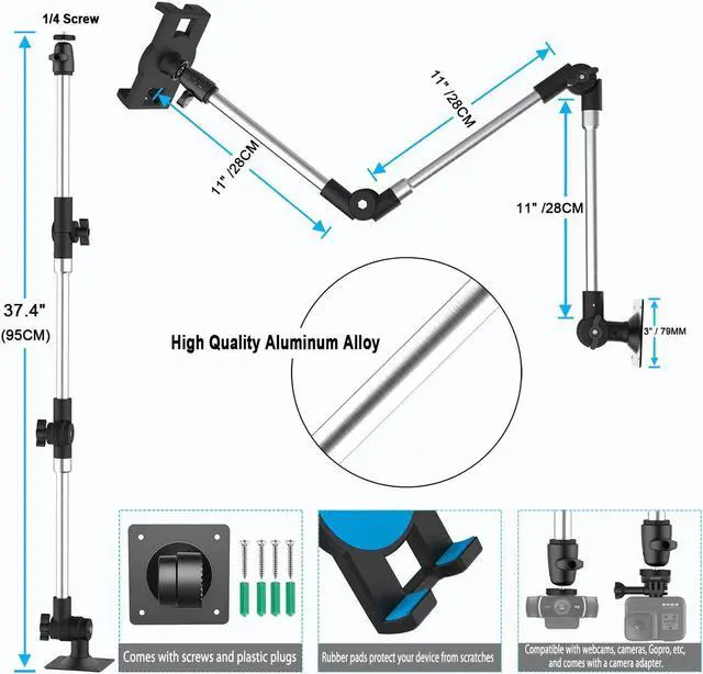 Alt view image 5 of 5 - YOOZ Metal Long Arm Tablet Wall Mount Holder [Aluminum Arm 37"] Adjustable Wall Tablet Stand with Foldable Arm for iPad Pro Air Mini, Galaxy Tab, Surface, Switch, Fire, iPhone, 4-12.9"
