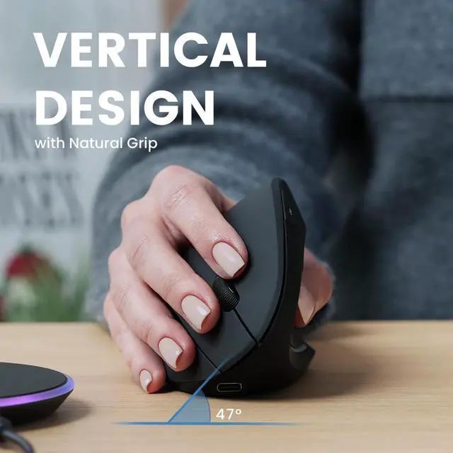 Alt view image 2 of 5 - Perixx PERIMICE-713RX Wireless Rechargeable Vertical Mouse - Duo Wired and Wireless Charging Feature - Wireless Charging Pad Included - 6 Buttons Design - Black - Right-Handed Design