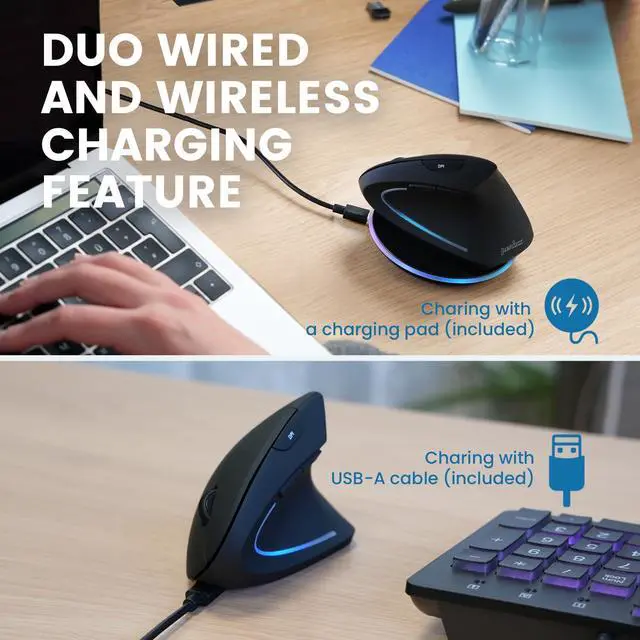 Alt view image 4 of 5 - Perixx PERIMICE-713RX Wireless Rechargeable Vertical Mouse - Duo Wired and Wireless Charging Feature - Wireless Charging Pad Included - 6 Buttons Design - Black - Right-Handed Design