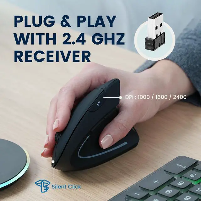 Alt view image 5 of 5 - Perixx PERIMICE-713RX Wireless Rechargeable Vertical Mouse - Duo Wired and Wireless Charging Feature - Wireless Charging Pad Included - 6 Buttons Design - Black - Right-Handed Design