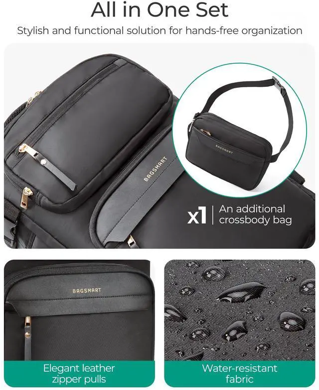 Alt view image 5 of 5 - BAGSMART Womens Backpack Carry On Flight Approved, Travel Backpack for Women with Waist Bag,Traveling Lightweight Weekender Casual Daypack 17.3" Laptop Work Back pack Personal Item Bag,Champagne