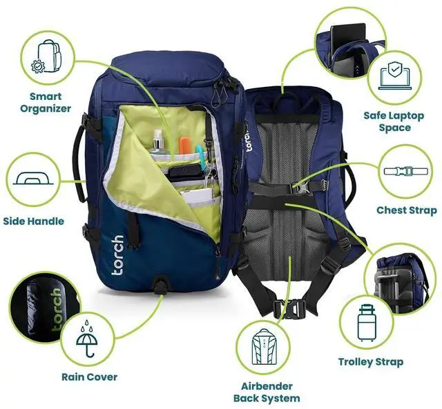 Alt view image 5 of 5 - torch Travel Backpack 40L  TSA Friendly Flight Approved, Carry-On Waterproof Hiking Daypack with Rain Cover  Lightweight Rucksack for Camping, Trekking, Outdoor Adventures  Takahagi(Blue)