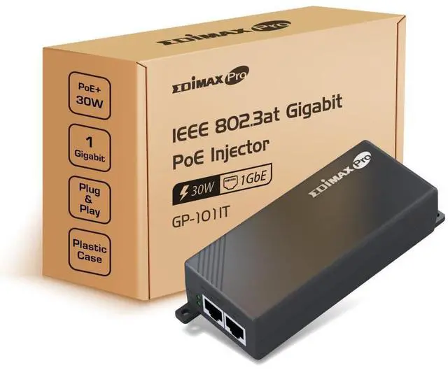 Main image of Edimax Pro Gigabit PoE+ 30W Injector Adapter, Adds Power to PoE Powered Device (PD) Device for up to 100 Meters (328ft), Powers IP Cameras, IP Phones, Access Points and More, GP-101IT