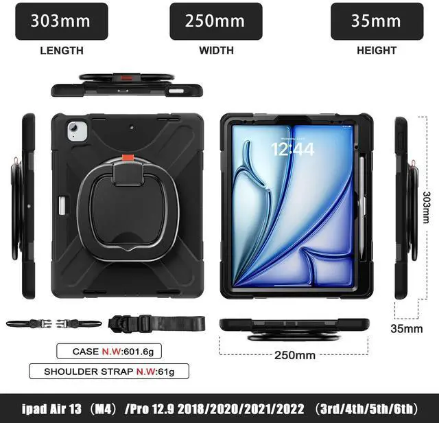 Alt view image 4 of 5 - Batianda Case for iPad Air 13 inch 2024 M2 Chip Model A2898/A2899 Heavy Duty Rugged Durability Silicone Tablet Cover with 360deg Rotating Ring Foldable Kickstand & Shoulder Strap, Black
