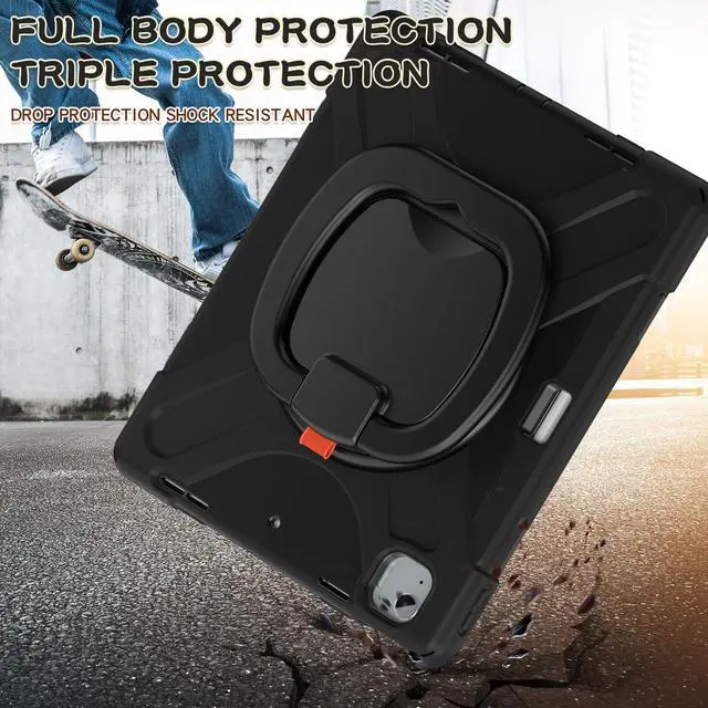 Alt view image 5 of 5 - Batianda Case for iPad Air 13 inch 2024 M2 Chip Model A2898/A2899 Heavy Duty Rugged Durability Silicone Tablet Cover with 360deg Rotating Ring Foldable Kickstand & Shoulder Strap, Black