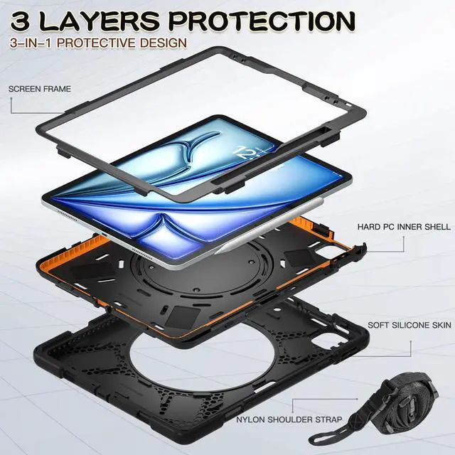 Alt view image 3 of 5 - Batianda Case for iPad Air 13 inch 2024 M2 Chip Model A2898/A2899 Heavy Duty Rugged Durability Silicone Tablet Cover with 360deg Rotating Ring Foldable Kickstand & Shoulder Strap, Black