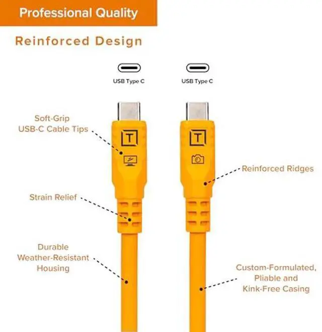 Alt view image 4 of 5 - Tether Tools TetherPro Optima 10G USB Exclusive Data Transfer, 10' (3M) Straight to Straight Cable - Orange