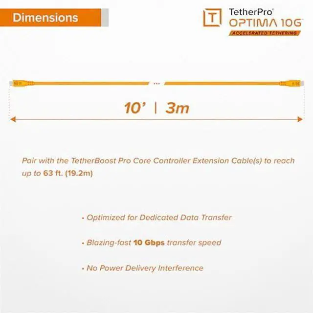 Alt view image 5 of 5 - Tether Tools TetherPro Optima 10G USB Exclusive Data Transfer, 10' (3M) Straight to Straight Cable - Orange