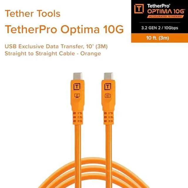 Alt view image 2 of 5 - Tether Tools TetherPro Optima 10G USB Exclusive Data Transfer, 10' (3M) Straight to Straight Cable - Orange
