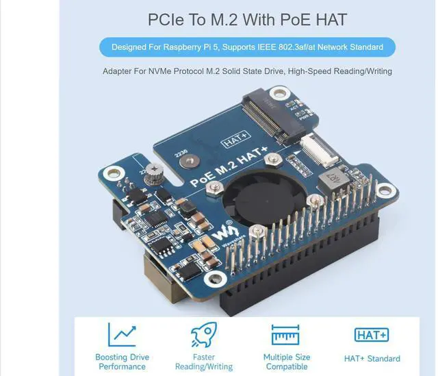 Alt view image 2 of 5 - waveshare PCIe to M.2 Adapter with PoE HAT for Raspberry Pi 5,Supports NVMe Protocol M.2 SSD 2230/2242,Supports IEEE 802.3af/at Network Standard