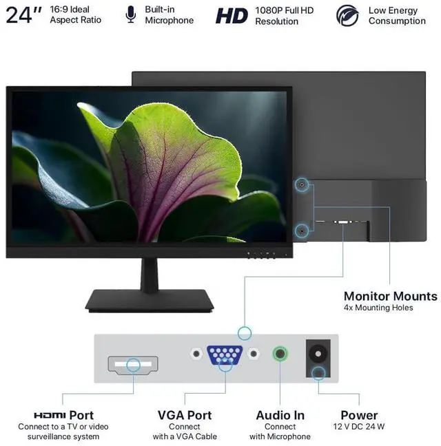 Alt view image 3 of 5 - Generic ENS 24"" Surveillance-Grade LED Monitor - 1080P Full HD, VGA/HDMI Inputs, 16:9 Aspect Ratio, 3000:1 Contrast, 60Hz Refresh Rate, 20ms Response, Built-in Speakers (24"")