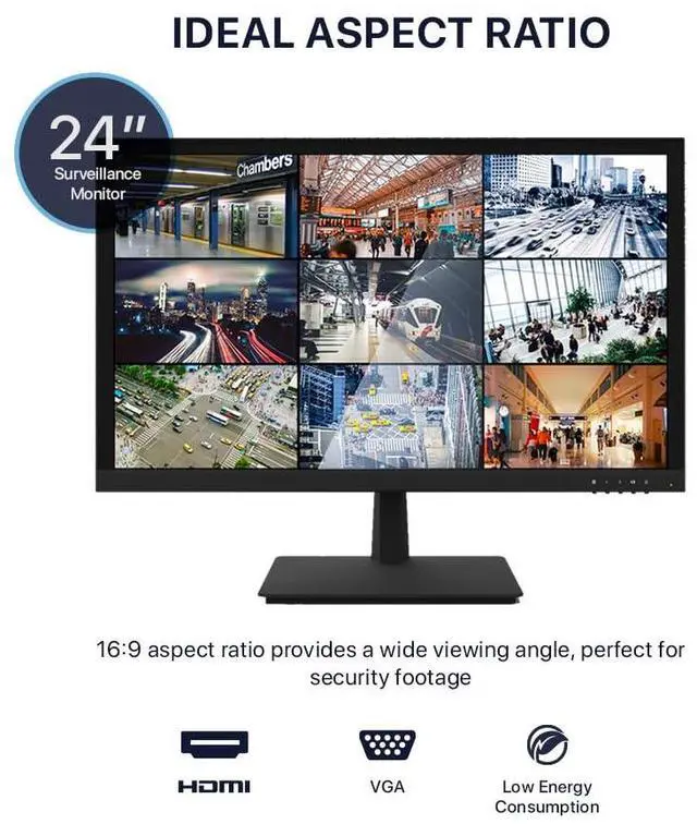 Alt view image 2 of 5 - Generic ENS 24"" Surveillance-Grade LED Monitor - 1080P Full HD, VGA/HDMI Inputs, 16:9 Aspect Ratio, 3000:1 Contrast, 60Hz Refresh Rate, 20ms Response, Built-in Speakers (24"")